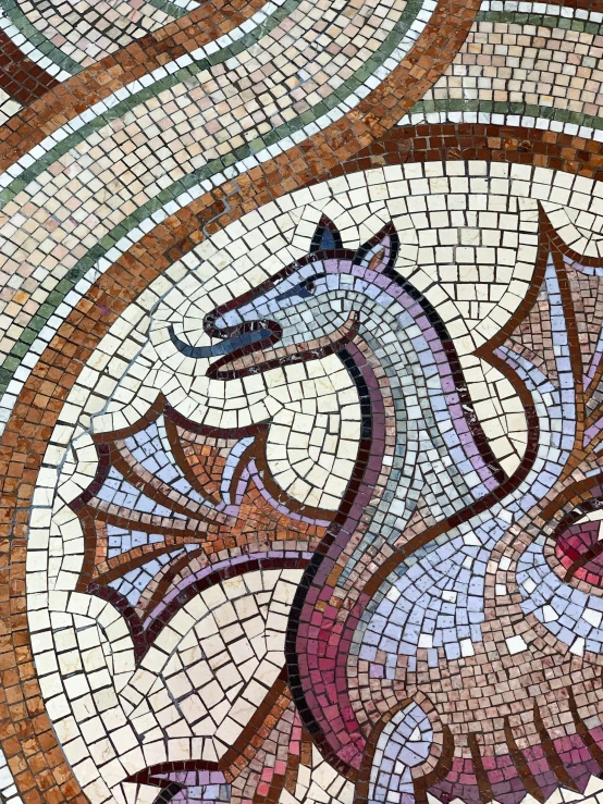 a mosaic floor with a dragon on it, by Carey Morris, trending on unsplash, magnificent oval face, sleipnir, coloured, square