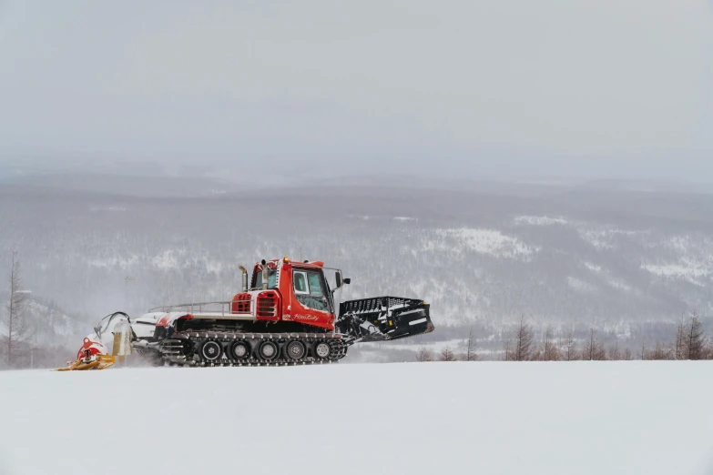 a snow plow sitting on top of a snow covered slope, by Veikko Törmänen, hurufiyya, lavs flowing through the land, avatar image