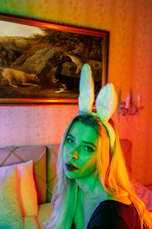 a woman in bunny ears sitting on a bed, an album cover, inspired by Elsa Bleda, reddit, green slime, dressed anya taylor - joy, day - glow facepaint, !!! colored photography