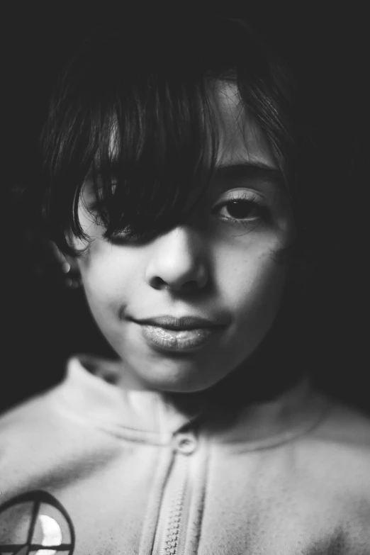 a black and white photo of a young boy, a character portrait, inspired by Lee Jeffries, hyperrealism, portrait androgynous girl, 🤤 girl portrait, portrait featured on unsplash, lofi portrait