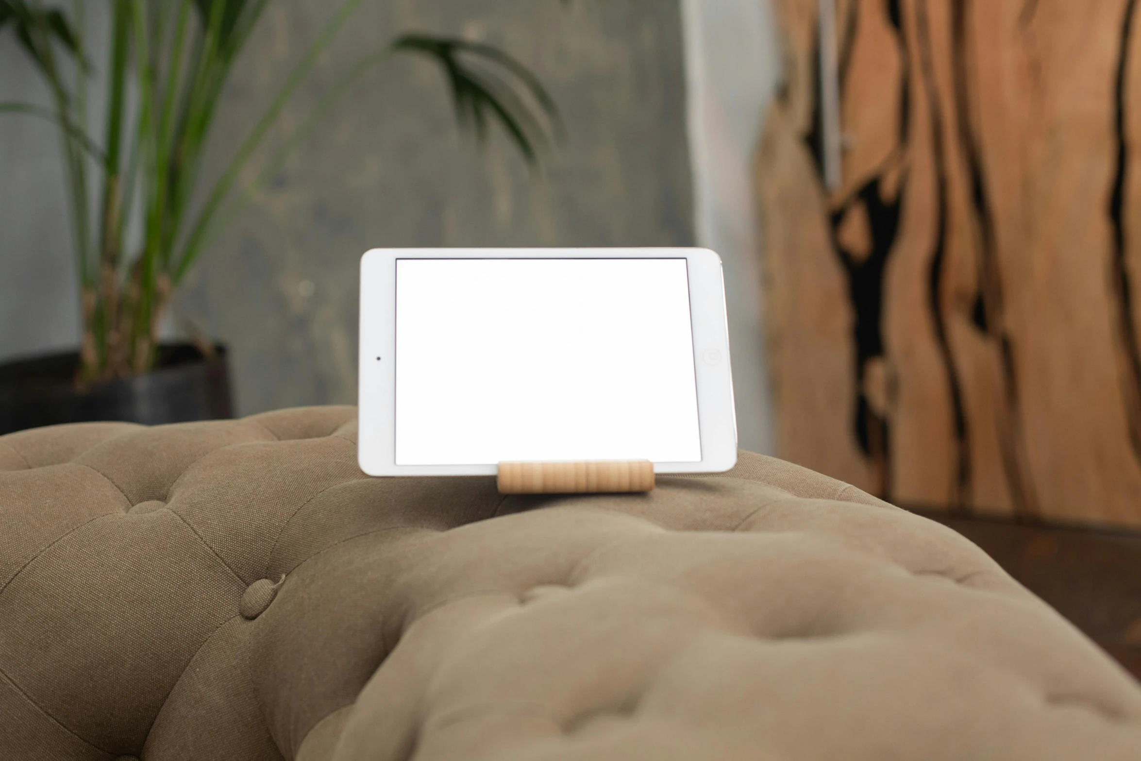 a tablet computer sitting on top of a couch, inspired by Isamu Noguchi, minimalism, made of bamboo, portrait top light, birch, alexa mini