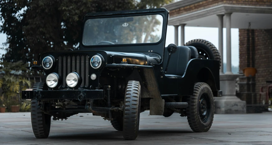 a black jeep parked in front of a house, a portrait, unsplash, square, vintage car, fullbody view, b - roll