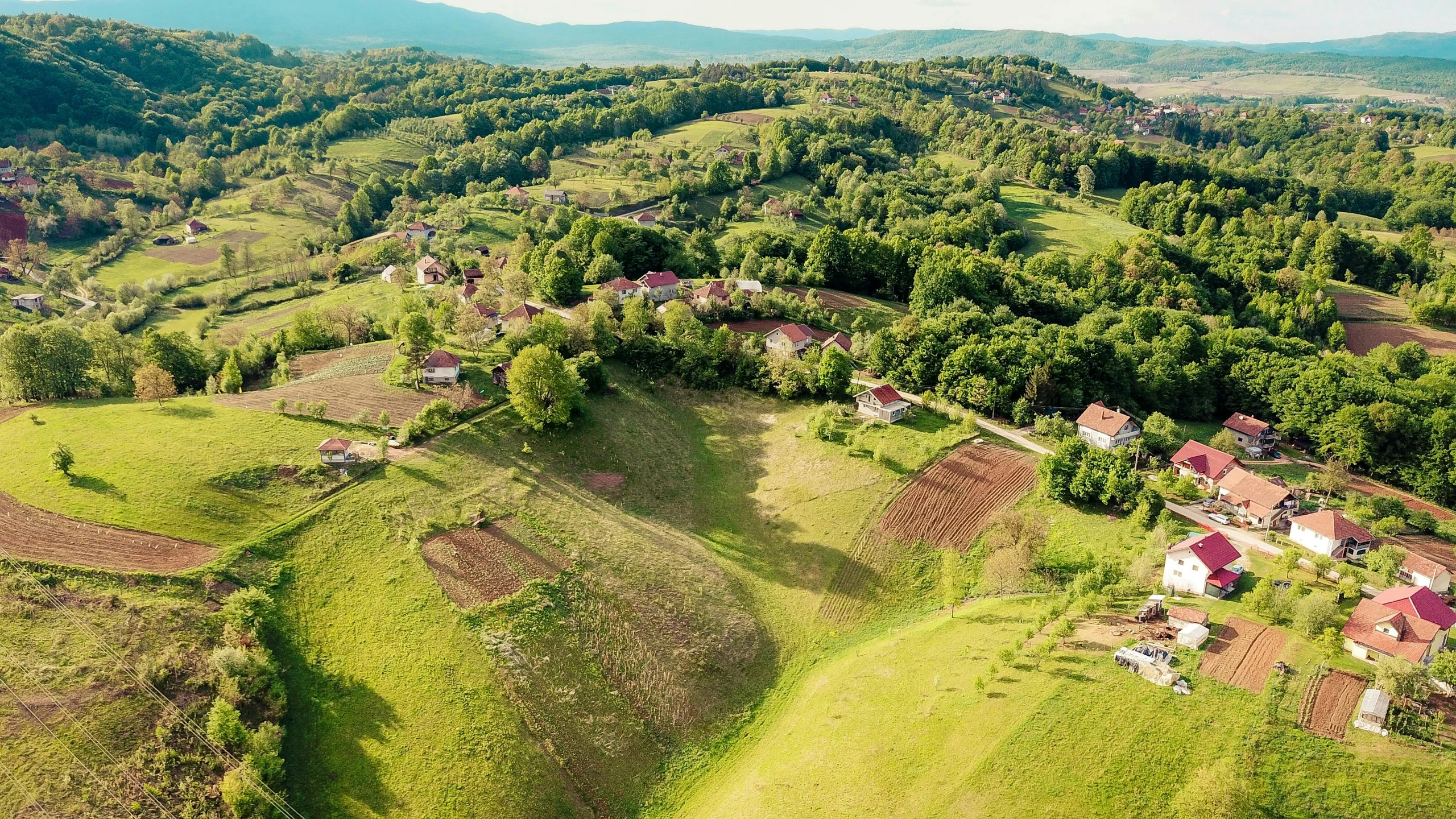 an aerial view of a lush green valley with many buildings and trees