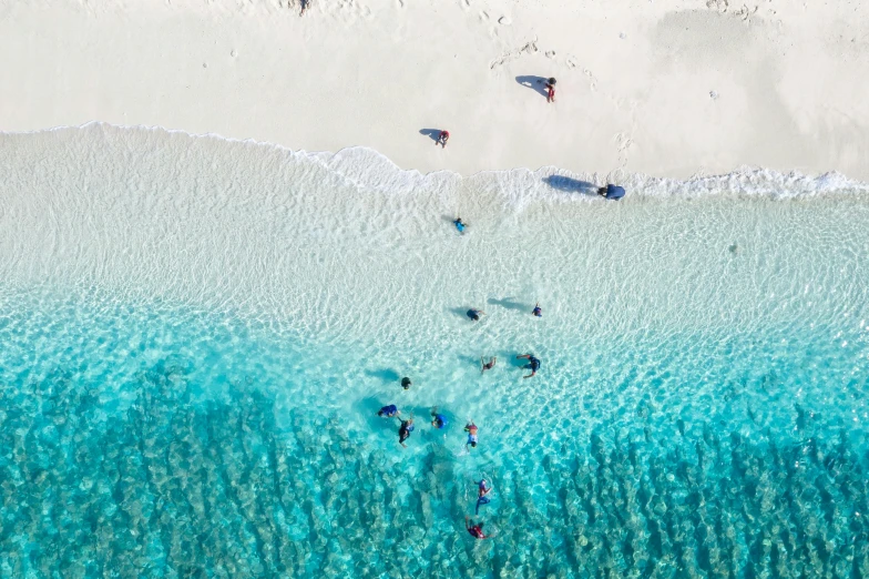 a view from above shows people standing in the water and the beach