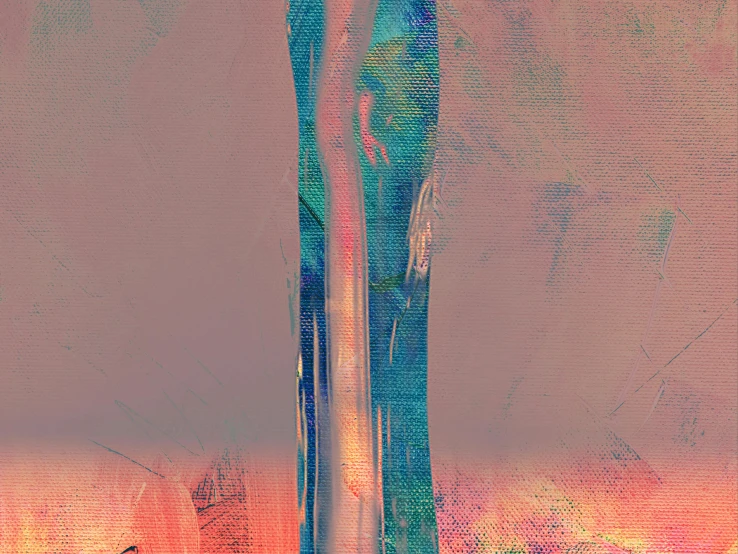 a painting of a vase with flowers in it, an abstract painting, lyrical abstraction, digital glitches, elongated figure, refracted sunset, tall and slender