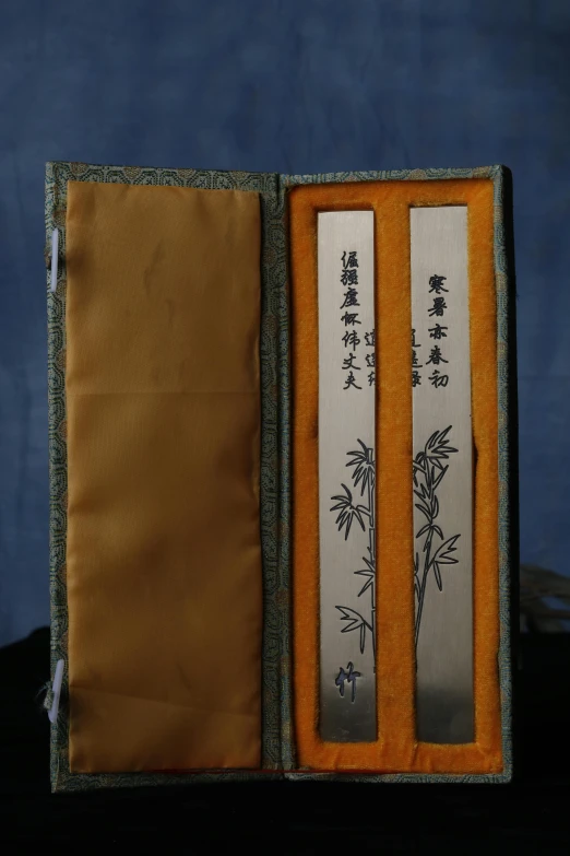 a close up of a book with writing on it, a silk screen, inspired by Sesshū Tōyō, in the original box, engraved blade, of bamboo, wearing long silver robes