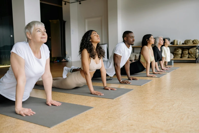 a group of people sitting on yoga mats in a row