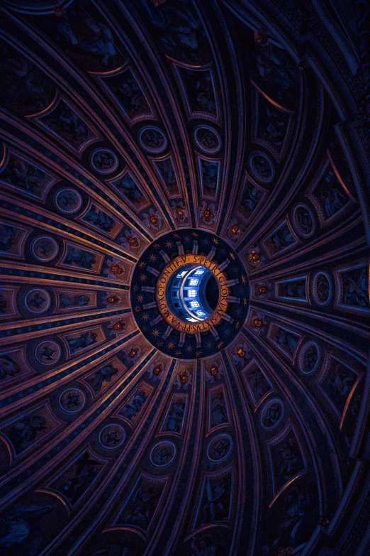 a close up of the ceiling of a building, an album cover, by Carlo Martini, unsplash contest winner, baroque, 2 5 6 x 2 5 6 pixels, blue and purle lighting, secrets inside the vatican, on a spaceship