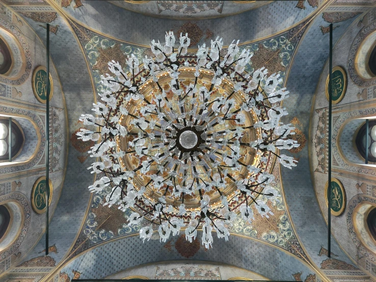 a chandelier hanging from the ceiling of a church, an album cover, inspired by Anna Füssli, baroque, ((intricate)), stereogram, fan favorite, hyperrealistic symmetrical 8k