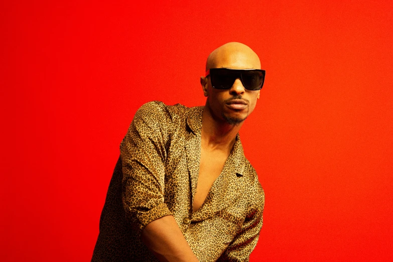 a bald man wearing sunglasses standing in front of a red wall, an album cover, inspired by Clifford Ellis, pexels, funk art, glamorous pose, maximus jacobs, shot in the photo studio, slightly overexposed