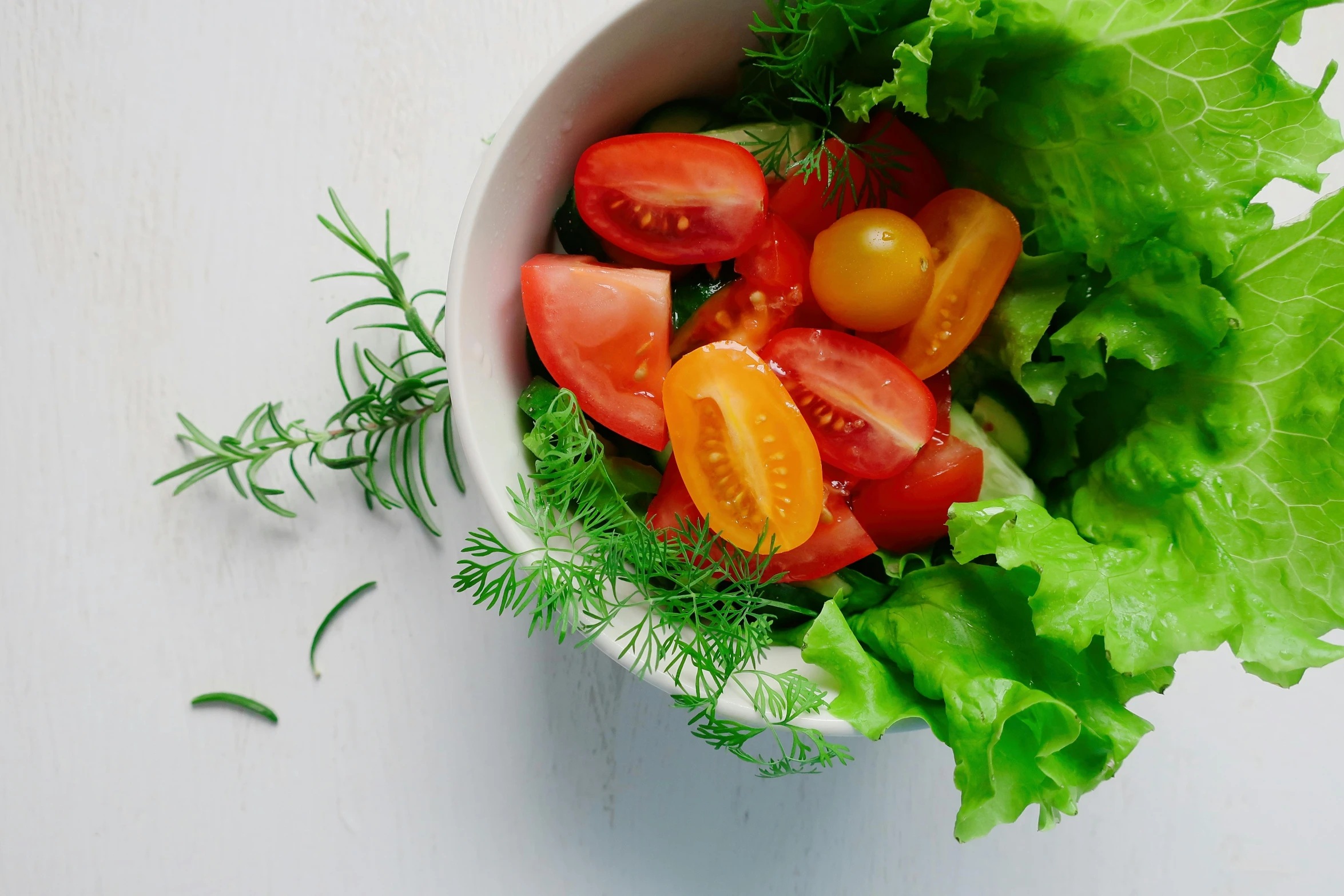 a white bowl filled with lettuce and tomatoes, pixabay, photorealism, lush greens, promo image, thumbnail, no - text no - logo