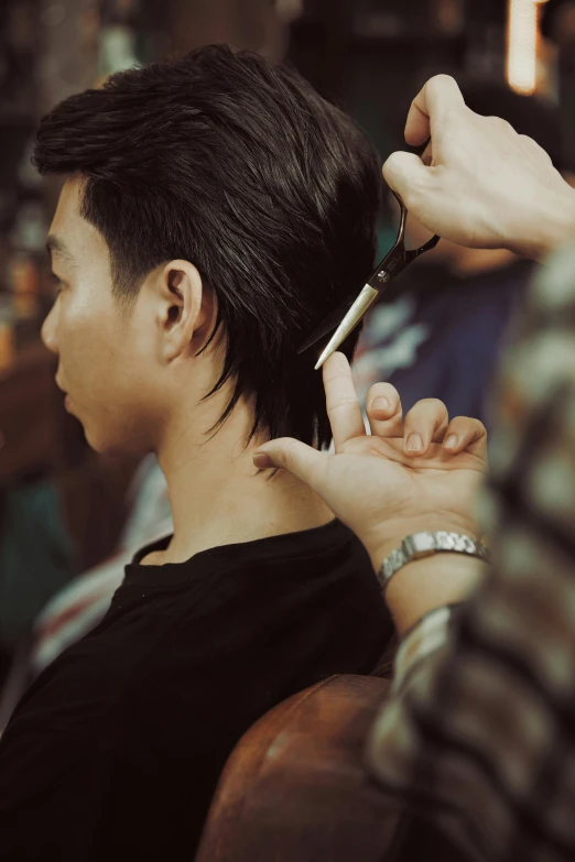 a man getting his hair cut at a barber shop, trending on unsplash, hyperrealism, asian female, medium shot taken from behind, ilustration, pixie cut