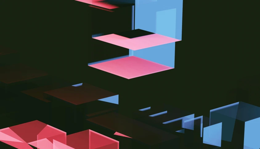 a group of cubes sitting on top of each other, a computer rendering, inspired by Josef Albers, unsplash, generative art, arca album cover, deep shadows and colors, blue and pink colors, square shapes