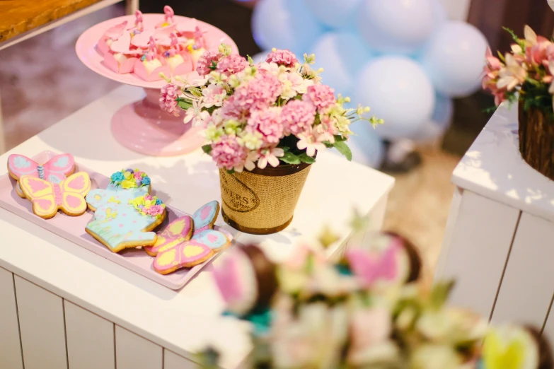 a table that has a bunch of cookies on it, by Alice Mason, pexels contest winner, flowers and butterflies, candy shop in a mall, pink and blue colour, flower pots