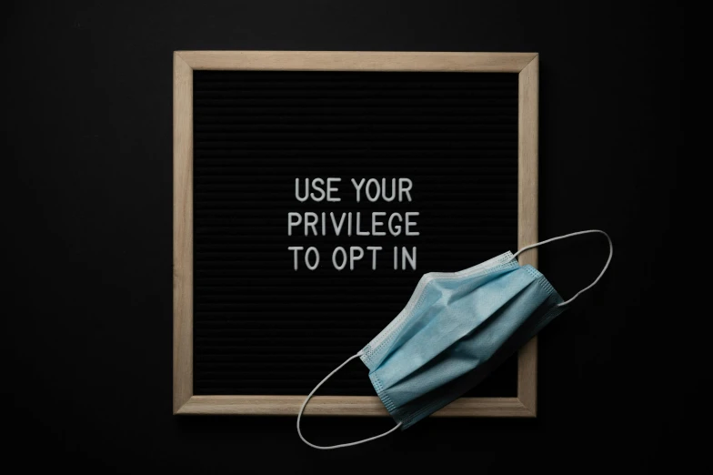 an embroidered face mask with the words use your privilege to opt in