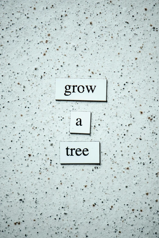 a sign that says grow a tree on a wall, unsplash, concrete poetry, ilustration, high-quality photo, groot