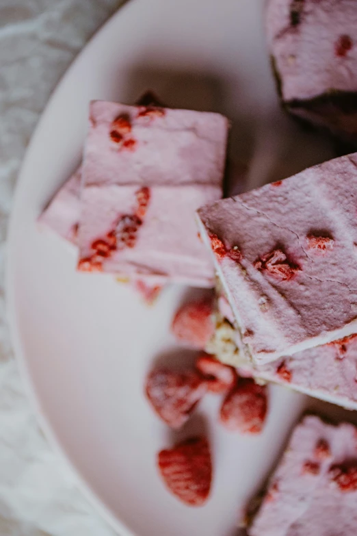 a close up of a plate of food with strawberries on it, a picture, unsplash, baroque, marshmallow graham cracker, faded pink, thumbnail, square