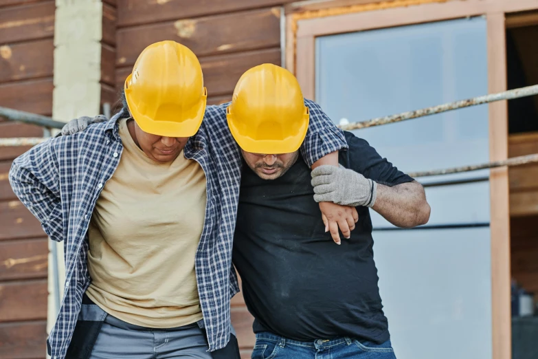 a couple of men standing next to each other, trending on pexels, collapsed building, worksafe, hugging his knees, thumbnail