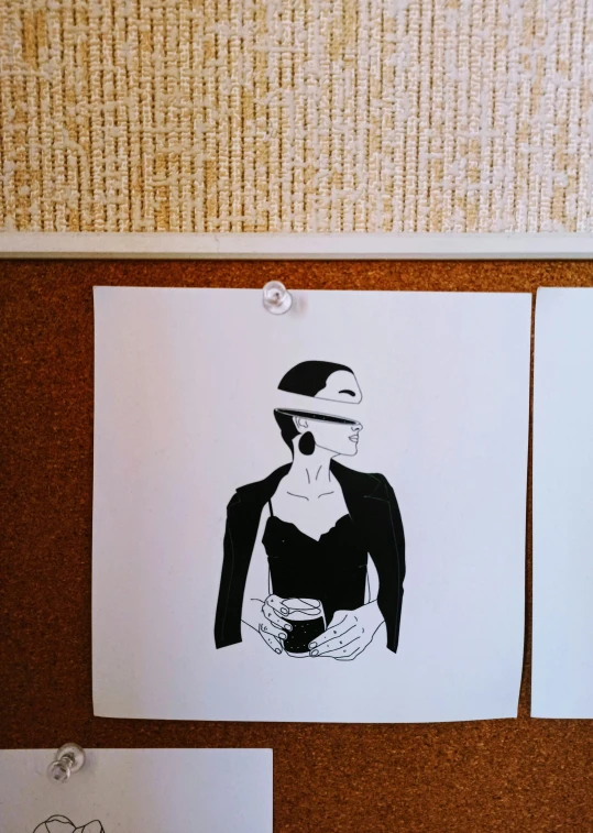 a cork board with a bunch of drawings on it, an ink drawing, inspired by Coles Phillips, unsplash, serial art, painting of an undercover cup, looks like audrey hepburn, oyasumi punpun, sitting in office