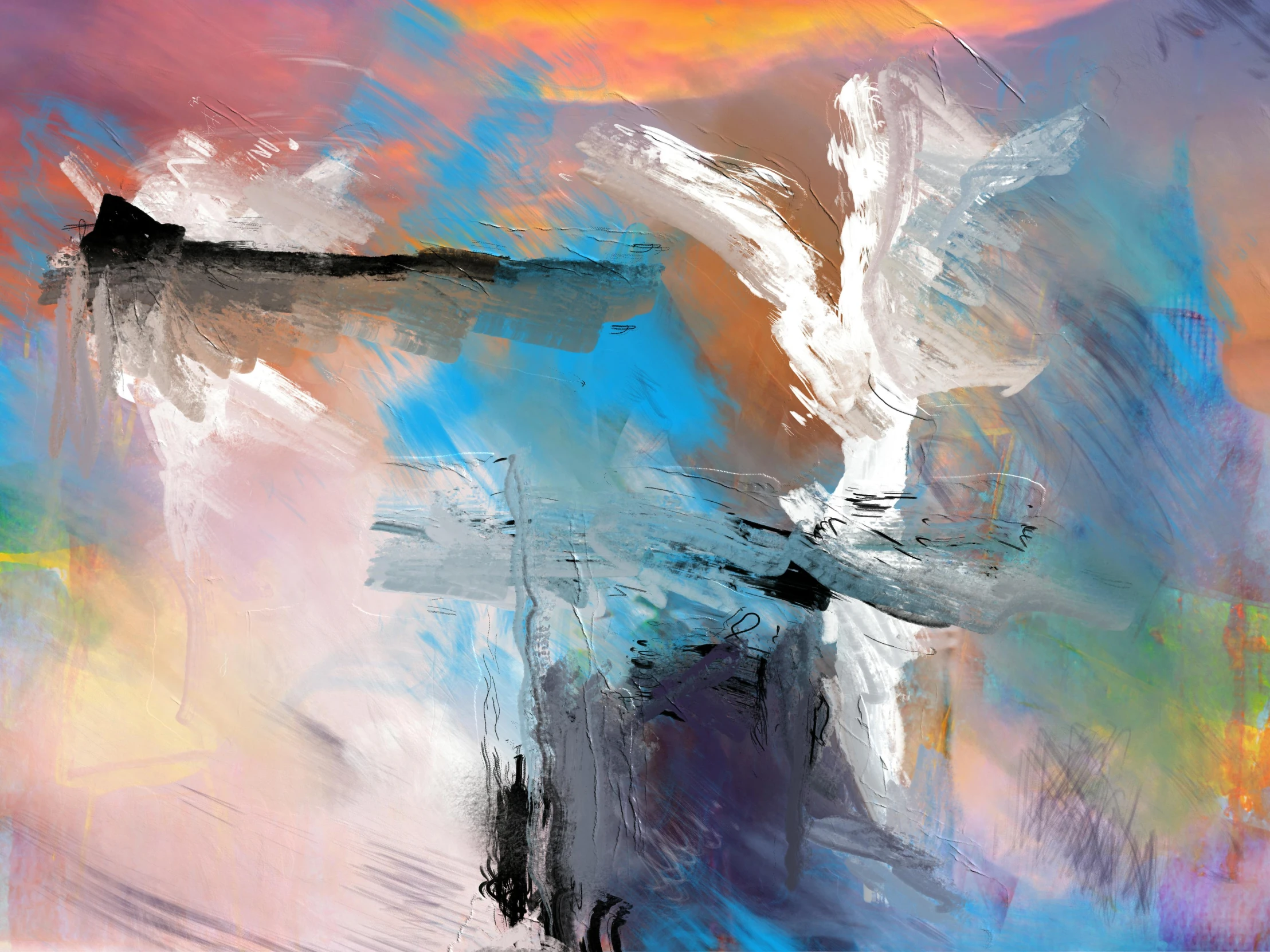 a painting of a cross with a sky background, an abstract painting, inspired by Cleve Gray, pexels contest winner, lyrical abstraction, painting of white human figures, the colours of the sunset, ian david soar, digital oil on canvas