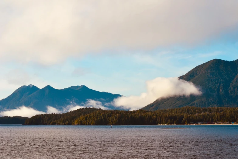 water with two mountains on one and trees on the other