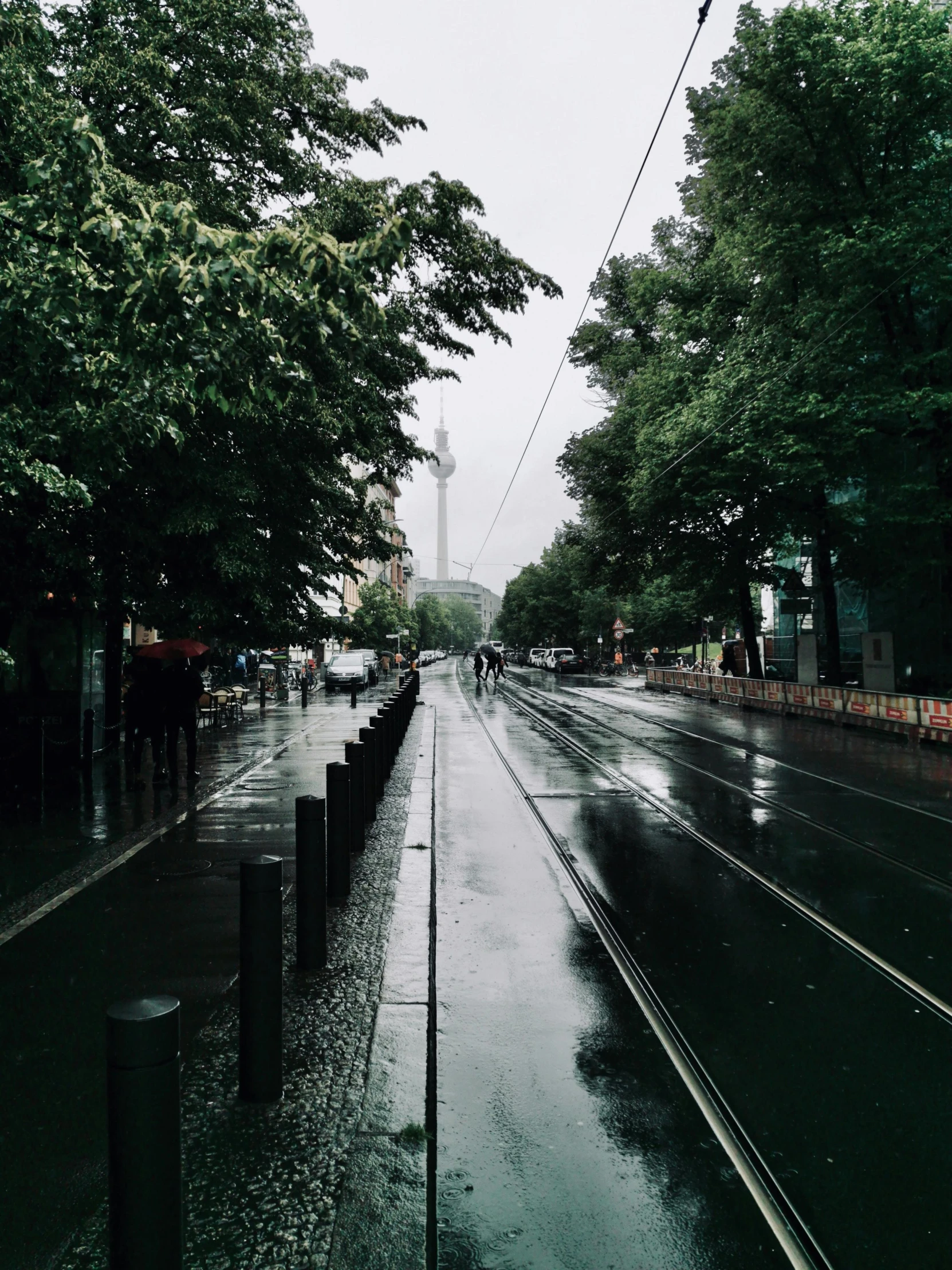 a wet street lined with trees on a rainy day, a picture, unsplash contest winner, kreuzberg, it\'s raining, low quality photo, neo kyiv