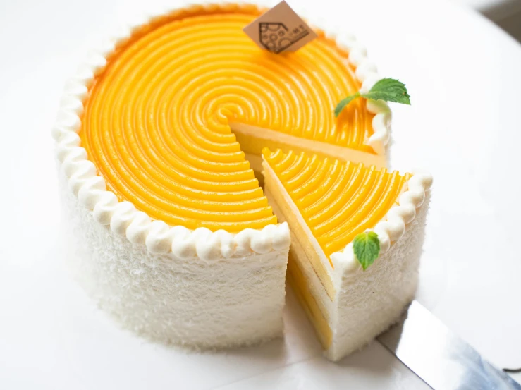 a cake with a slice taken out of it, inspired by Tang Di, pexels, mango, fan favorite, soft rim light, full product shot