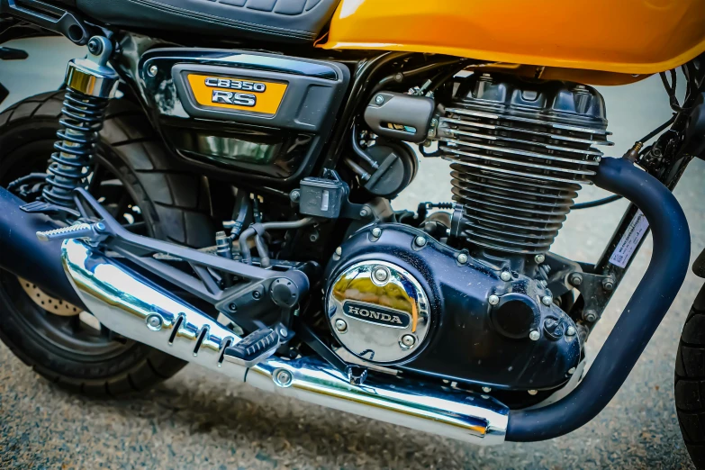 a close up of the front end of a motorcycle, unsplash, photorealism, yellow, real engine 5 cinematic, 🚿🗝📝, highly detailed hyper real retro
