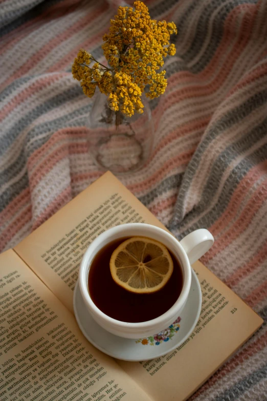 a cup of tea sitting on top of an open book, a portrait, pexels contest winner, fabrics, lemon, promo image, flowers