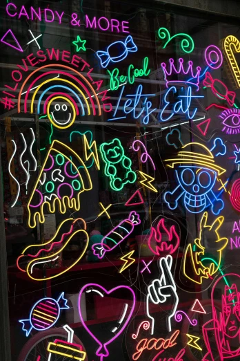 a store window filled with lots of neon signs, chalk art, trending on pexels, pizza is everywhere, neon ligh, doodles, svg sticker art