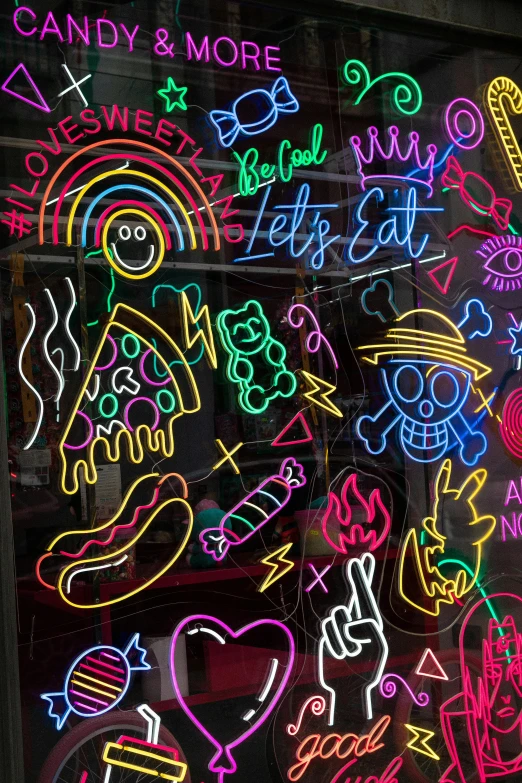 a store window filled with lots of neon signs, chalk art, trending on pexels, pizza is everywhere, neon ligh, doodles, svg sticker art