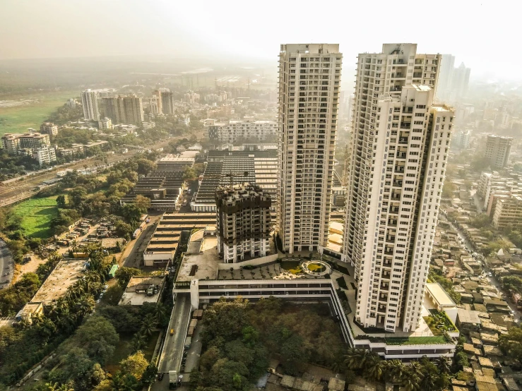 an aerial view of high rise buildings in the city