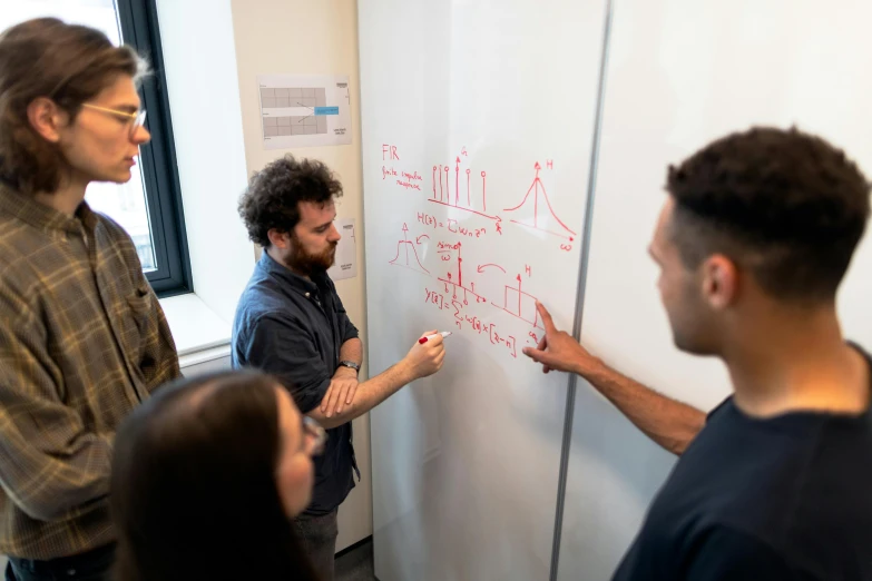 a group of people standing around a white board, programming, maths, dynamic linework, studio ghibili