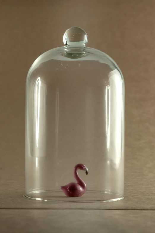 a glass clochet with a pink flamingo in it, by Sophie Pemberton, petite, crimson, 2 0 5 6, under glass dome