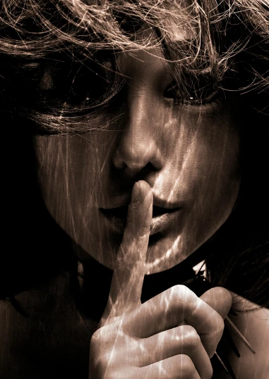 a woman holding her finger to her lips, by Maria van Oosterwijk, pexels contest winner, fantasy vibe, hidden message, enhanced, ilustration