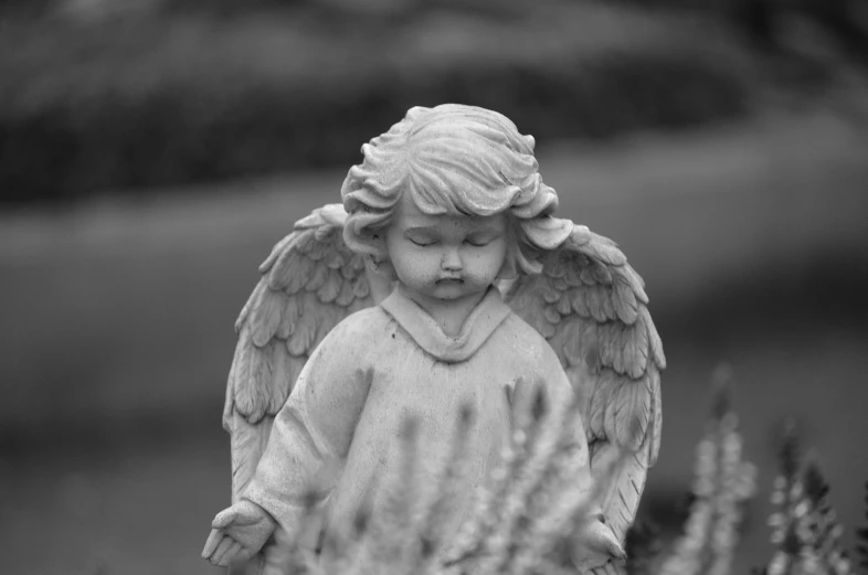 a black and white photo of a statue of an angel, pexels, closeup of an adorable, cementary, full body close-up shot, innocent look