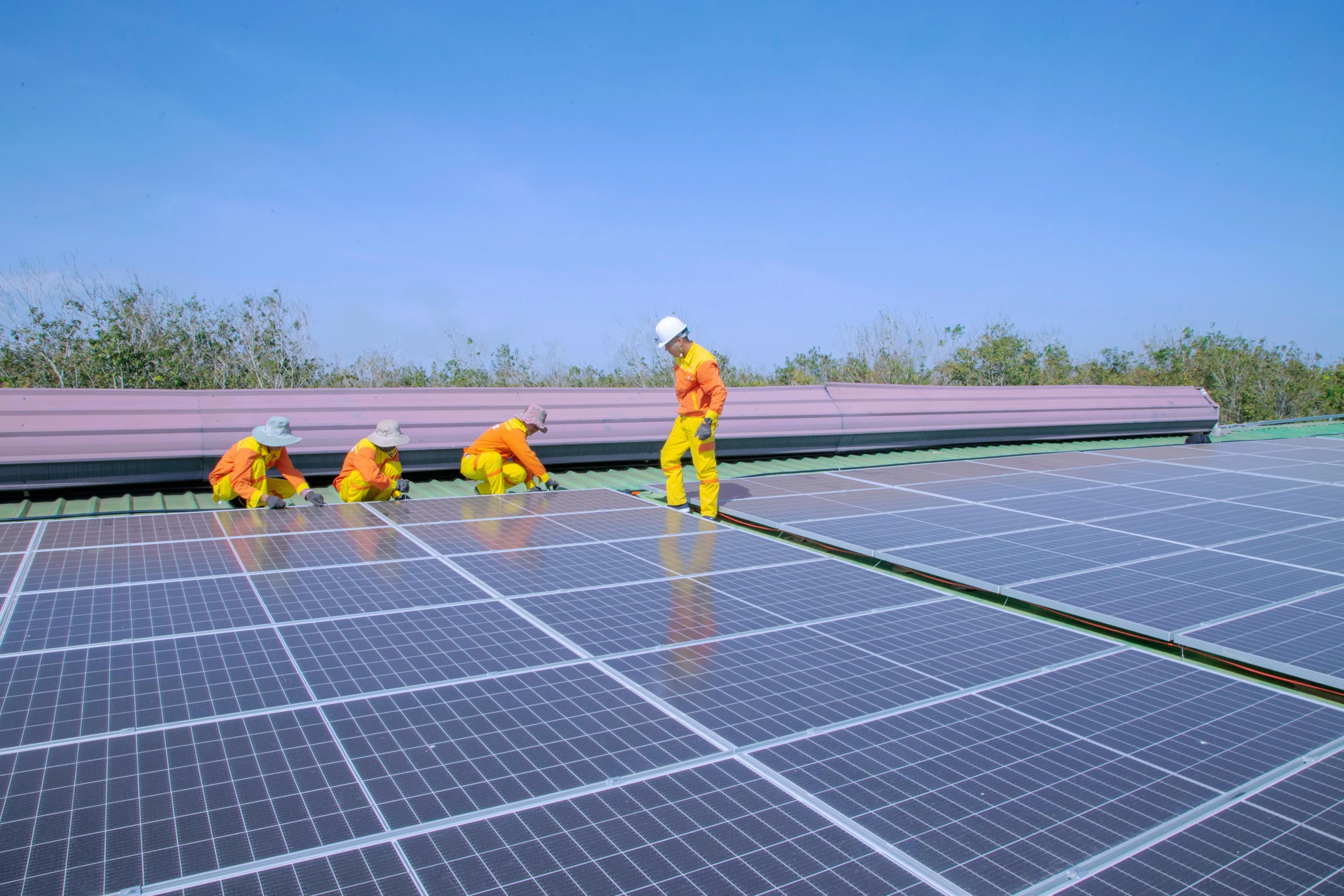 workers installing solar panels on the roof of a building, a portrait, by Xul Solar, patiphan sottiwilaiphong, slide show, pastel', various posed