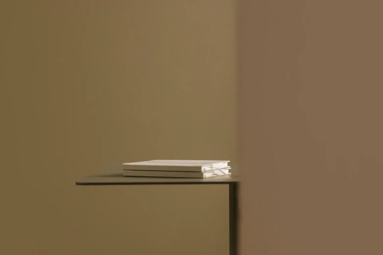 a stack of books sitting on top of a table, a minimalist painting, minimalism, umber color scheme, dezeen showroom, wall corner, detailed product image