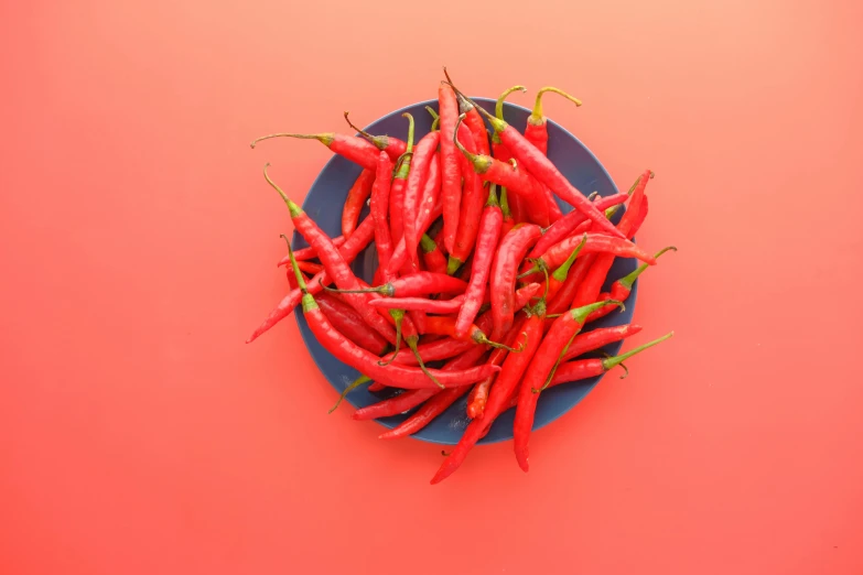 a blue plate filled with red hot peppers, a digital rendering, pexels, bright red, instagram post, red theme, vanilla