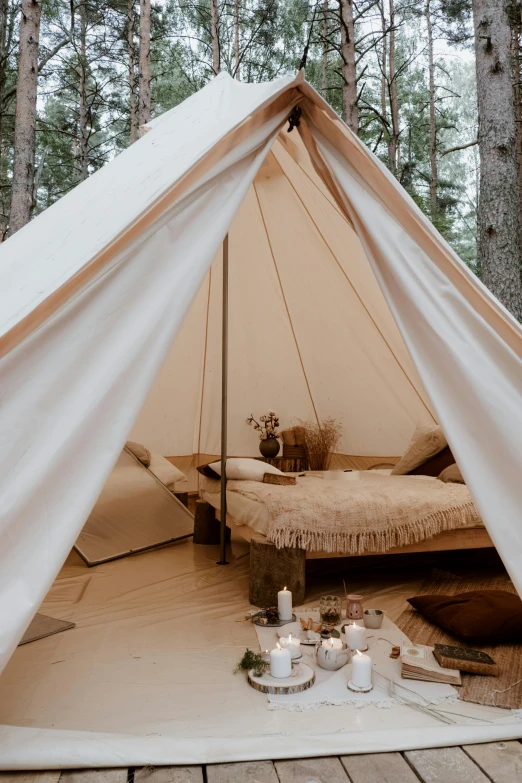 a tent sitting in the middle of a forest, white bed, floor lamps, espoo, in detail