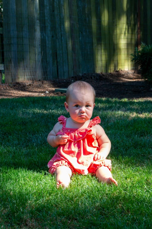 a little girl sitting on the grass wearing a dress