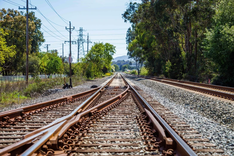 a train track surrounded by trees and power lines, unsplash, photorealism, southern california, pov photo, facing away, realistic »