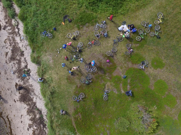 a group of people standing on top of a lush green field, by Ejnar Nielsen, pexels contest winner, land art, bicycles, on the coast, corps scattered on the ground, aerial footage