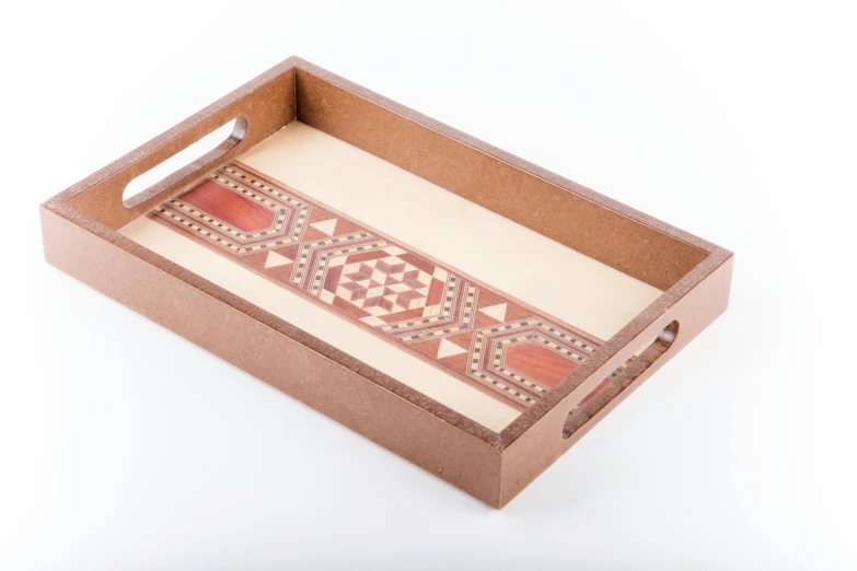 a wooden tray with a pattern on it, a mosaic, by Maria Johanna Görtz, hurufiyya, red sand, detailed product image, w 1 9 2 0, brown ) )