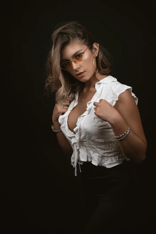 a woman in a white shirt and black skirt, an album cover, trending on pexels, chest up bust shot, glasses, studio!! portrait lighting, bralette