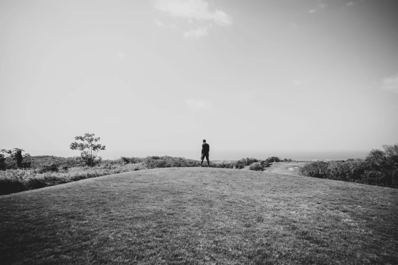 a man standing on top of a grass covered hill, a black and white photo, unsplash, wedding photography, visible from afar!!, walking at the garden, horizon view