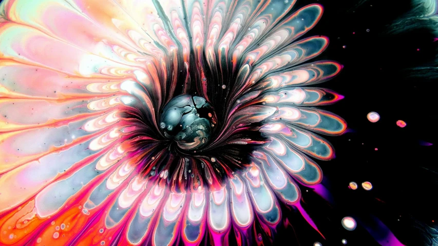 a close up of a colorful flower on a black background, an album cover, inspired by Otto Piene, psychedelic art, chaotic swirling ferrofluids, in the astral plane ) ) ), beeple artwork, ferrofluid