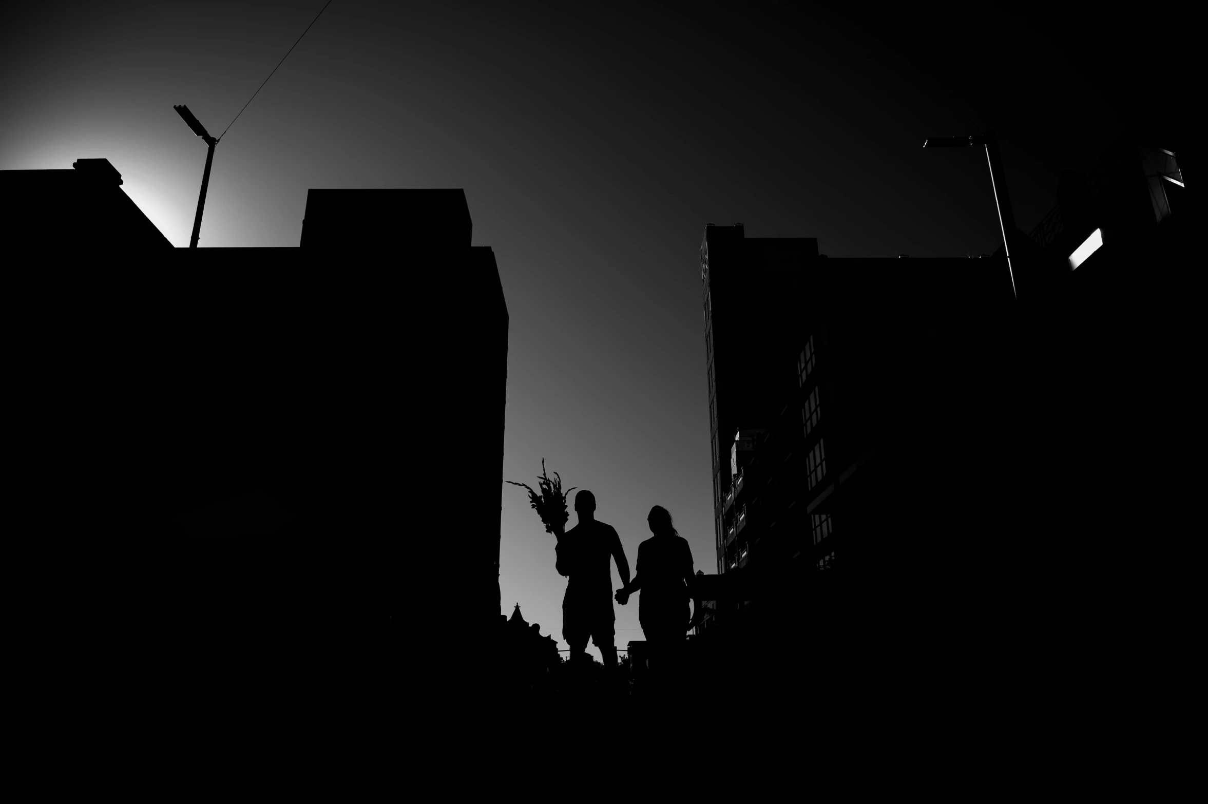 a couple of people that are standing in the dark, a black and white photo, by Dennis Flanders, pexels contest winner, minimalism, carrying flowers, sun and shadow over a city, low angle photo, high quality upload