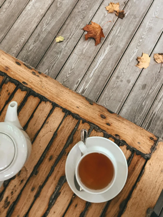 a tea pot sitting on top of a wooden table, in the autumn, profile image