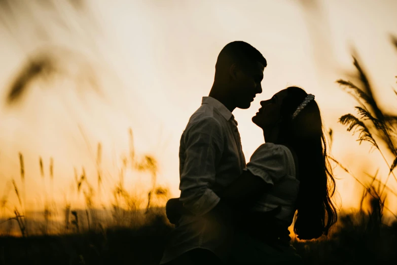 a couple standing next to each other in a field, pexels contest winner, romanticism, very backlit, thumbnail, profile pic, youtube thumbnail